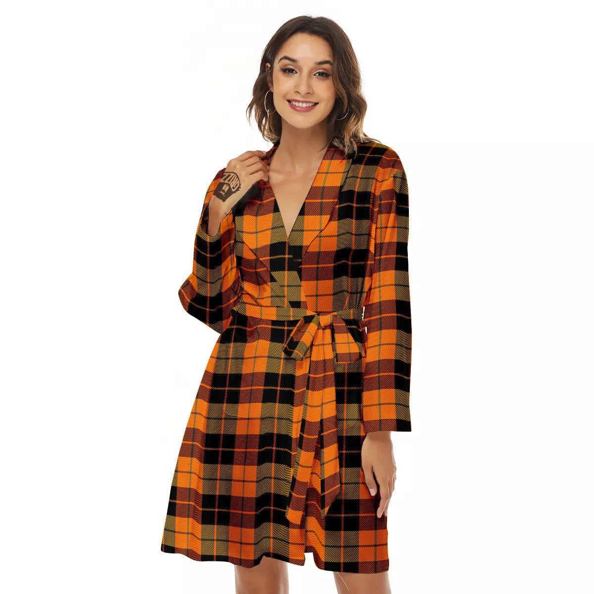 Black Orange And Yellow Tartan Print Pattern Women's Robe-grizzshop