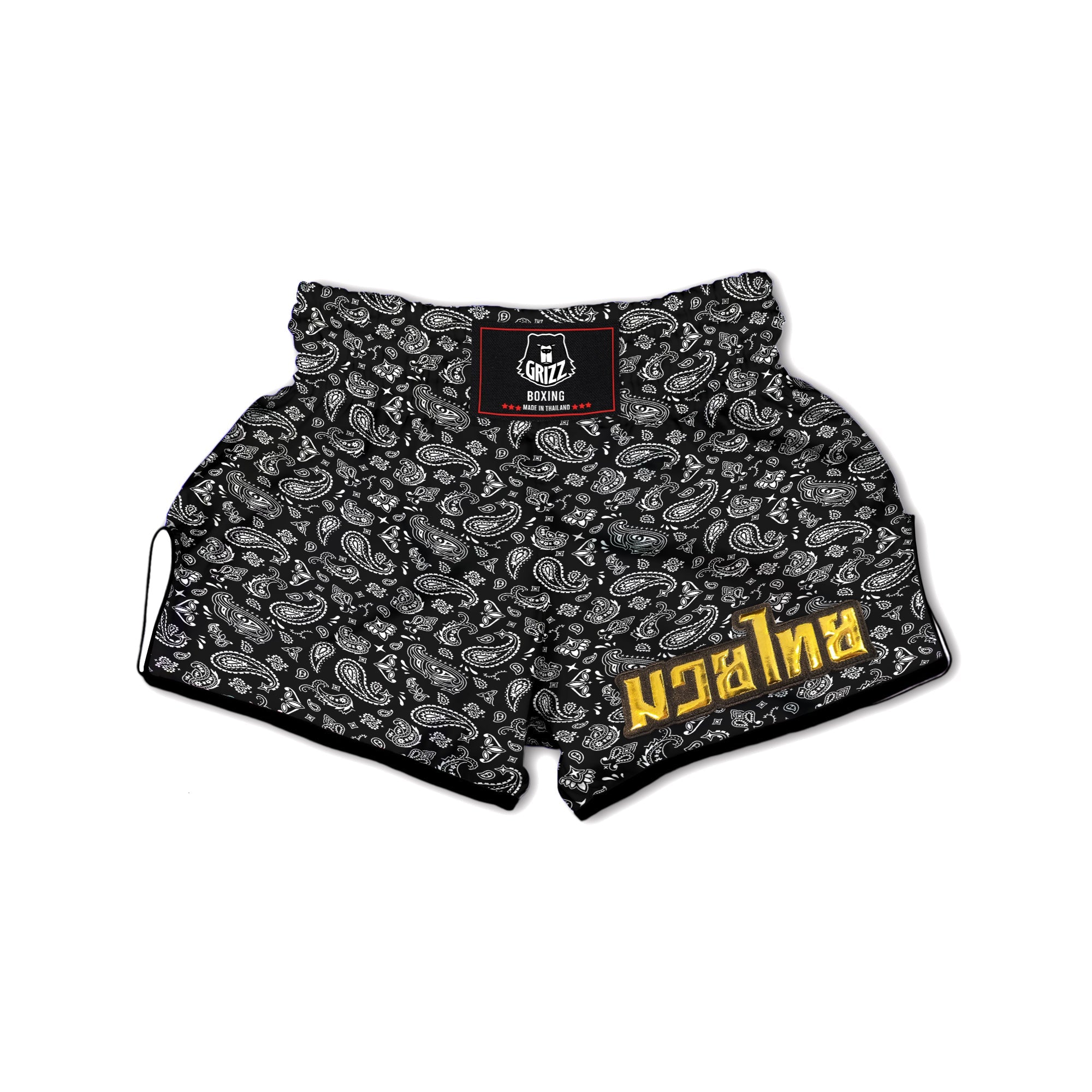 Black Paisley Bandana Print Muay Thai Boxing Shorts-grizzshop