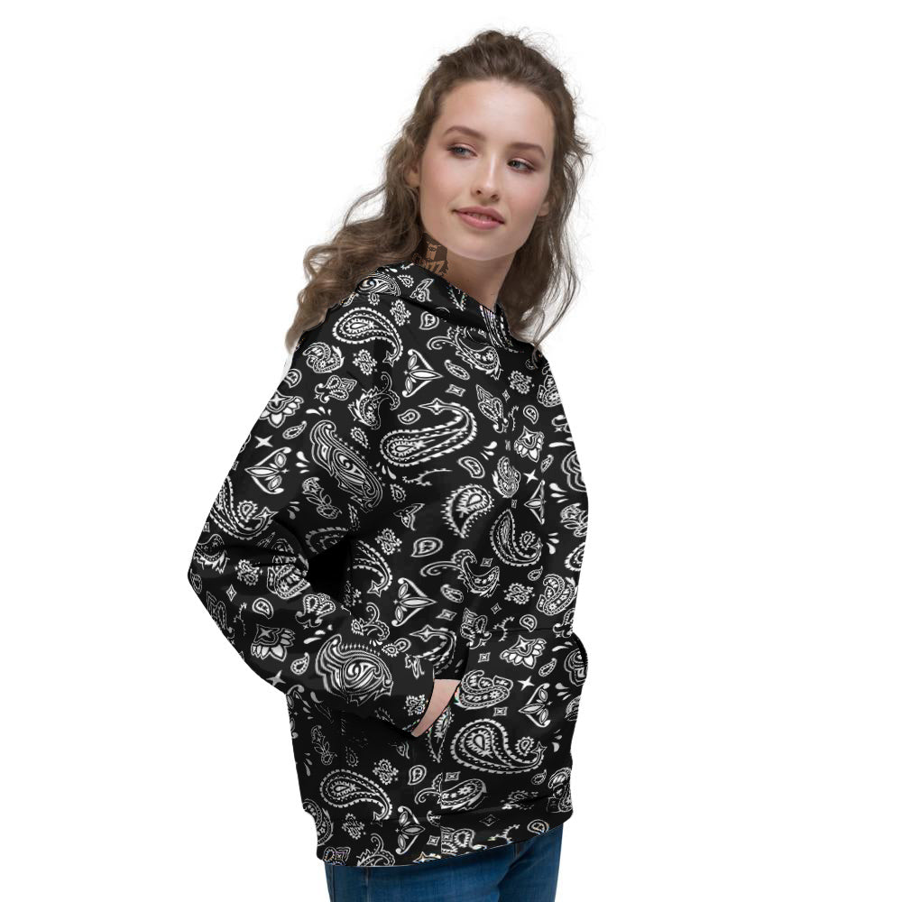 Black Paisley Bandana Print Women's Hoodie-grizzshop