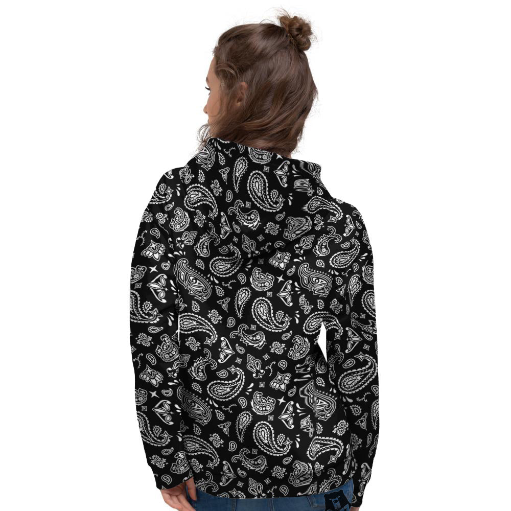 Black Paisley Bandana Print Women's Hoodie-grizzshop
