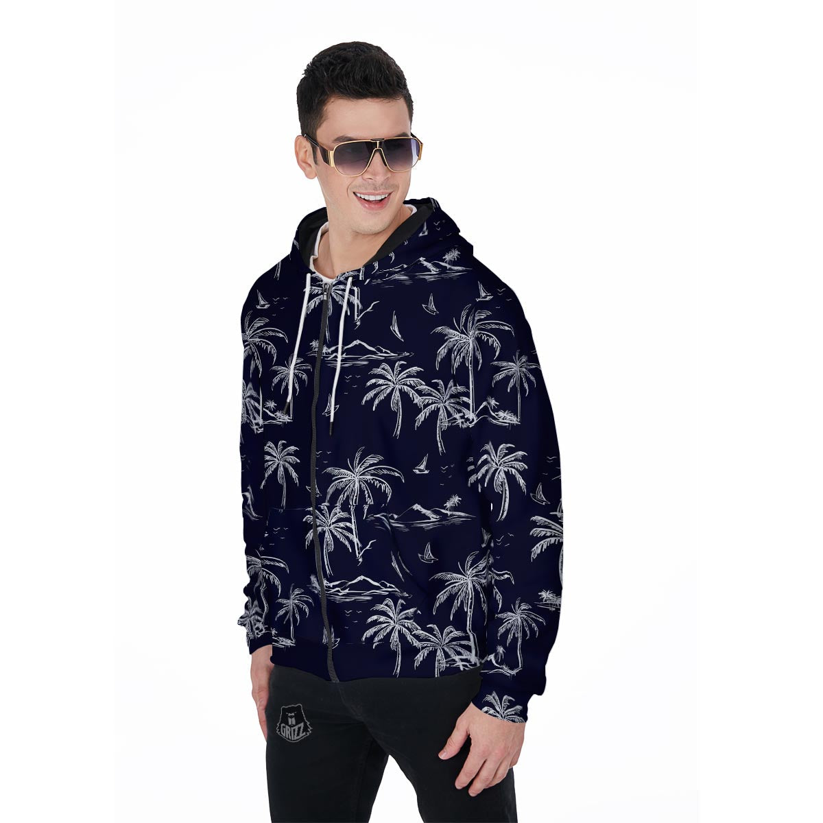 Black Palm Tree Hawaiian Print Men's Zip Up Hoodie-grizzshop