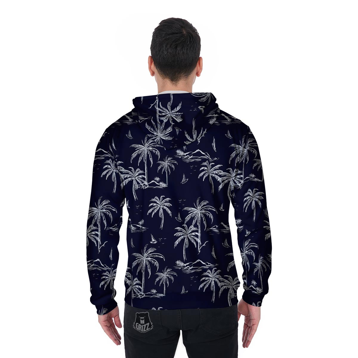 Black Palm Tree Hawaiian Print Men's Zip Up Hoodie-grizzshop