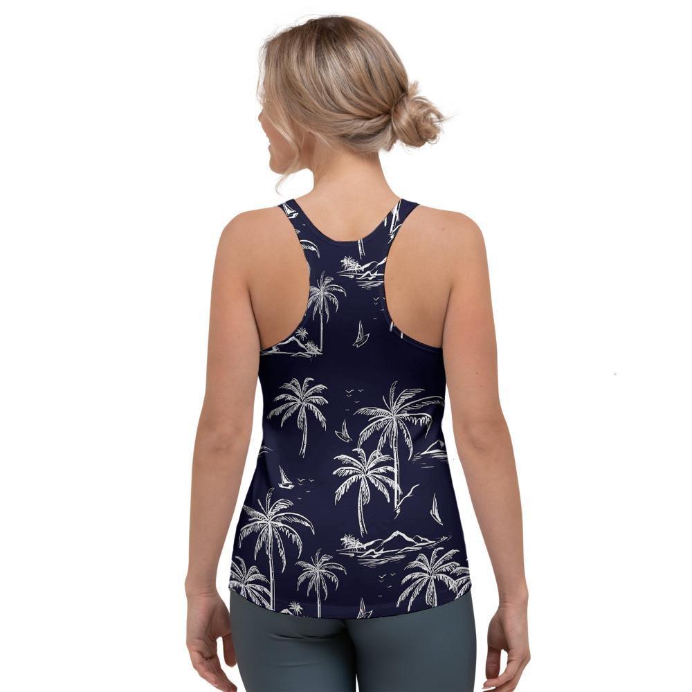 Black Palm Tree Hawaiian Print Women's Racerback Tank Top-grizzshop