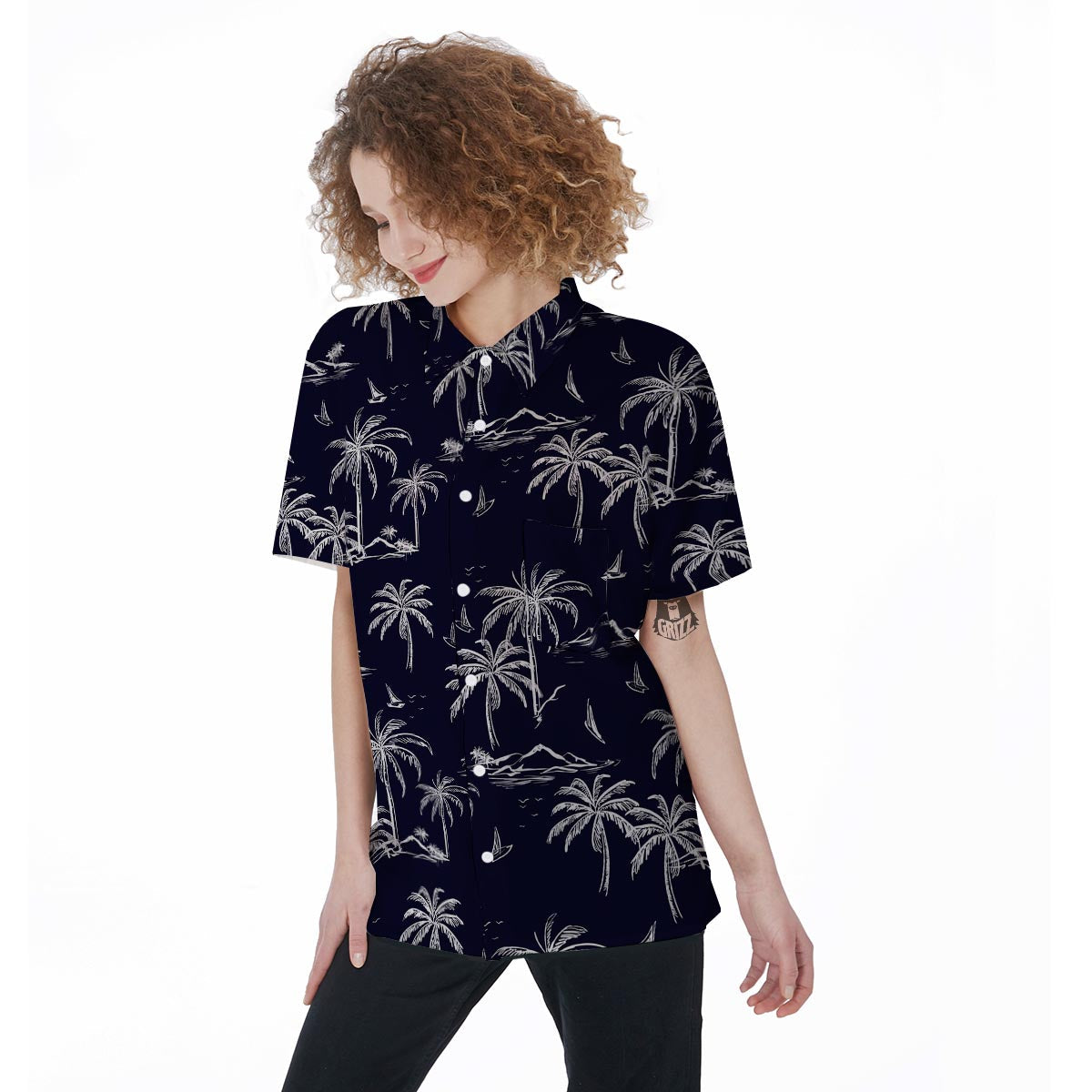 Black Palm Tree Hawaiian Print Women's Short Sleeve Shirts-grizzshop