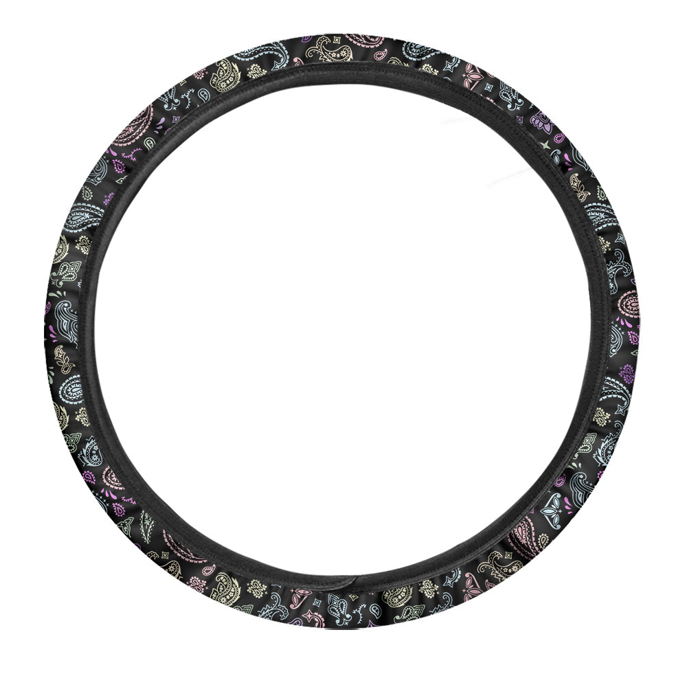 Black Pastel Paisley Bandana Print Car Steering Wheel Cover-grizzshop