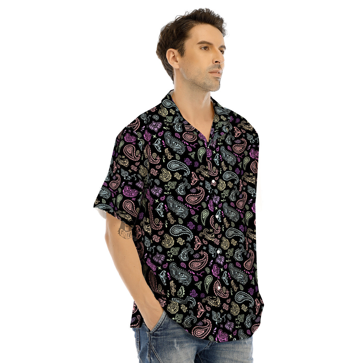 Black Pastel Paisley Bandana Print Men’s Hawaiian Shirt-grizzshop