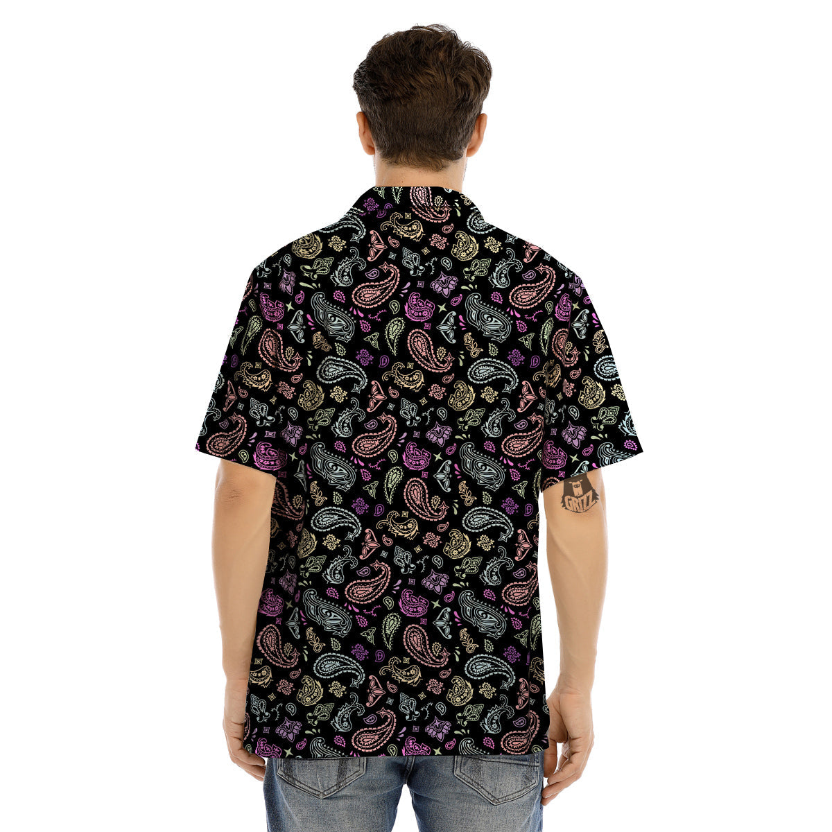 Black Pastel Paisley Bandana Print Men’s Hawaiian Shirt-grizzshop