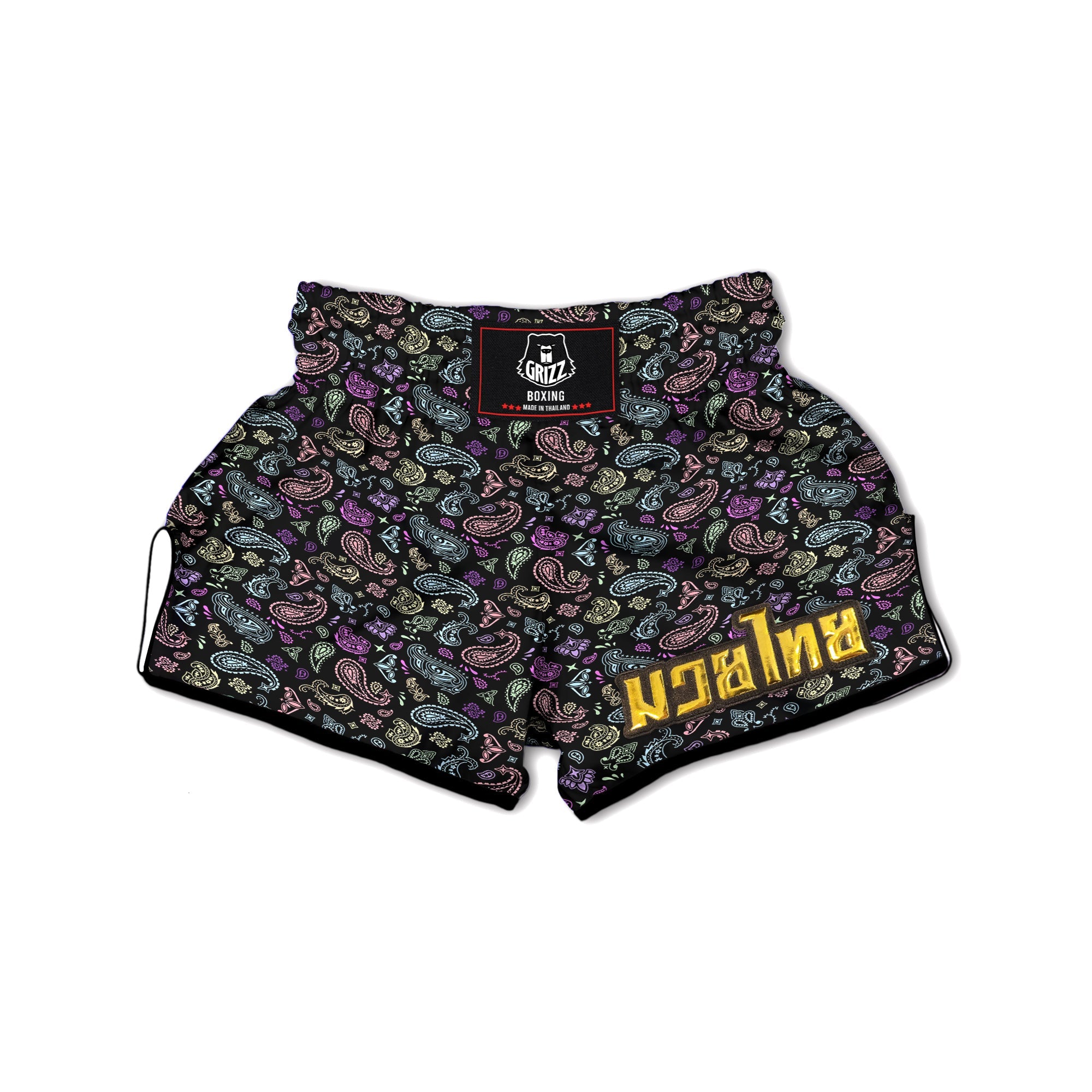 Black Pastel Paisley Bandana Print Muay Thai Boxing Shorts-grizzshop
