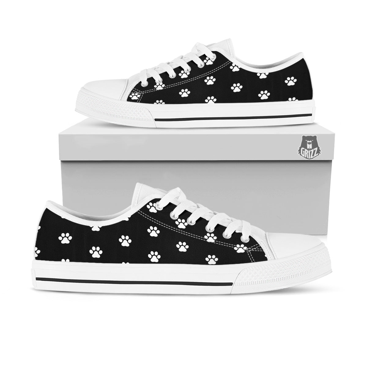 Black Paw Print White Low Top Shoes-grizzshop