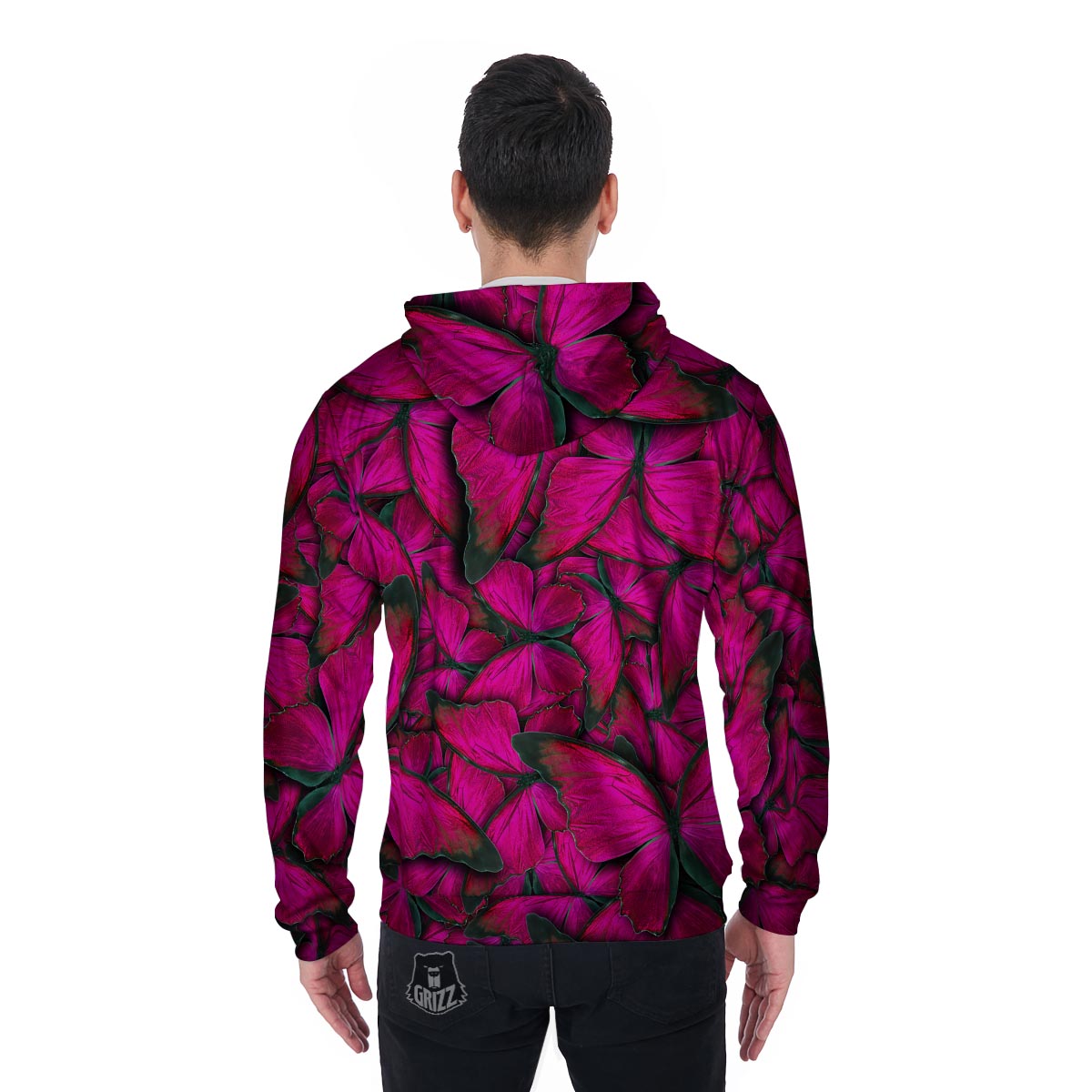 Black Pink Butterfly Print Men's Zip Up Hoodie-grizzshop