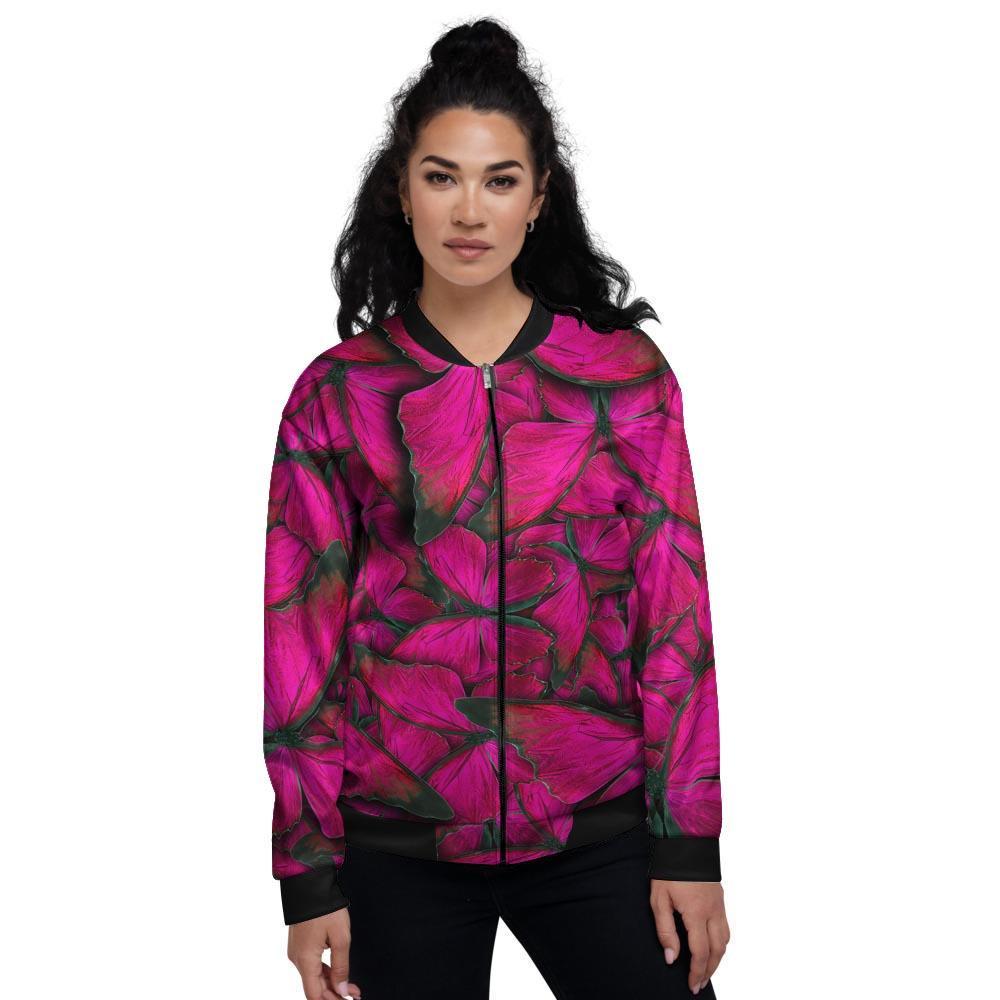 Black Pink Butterfly Print Women's Bomber Jacket-grizzshop