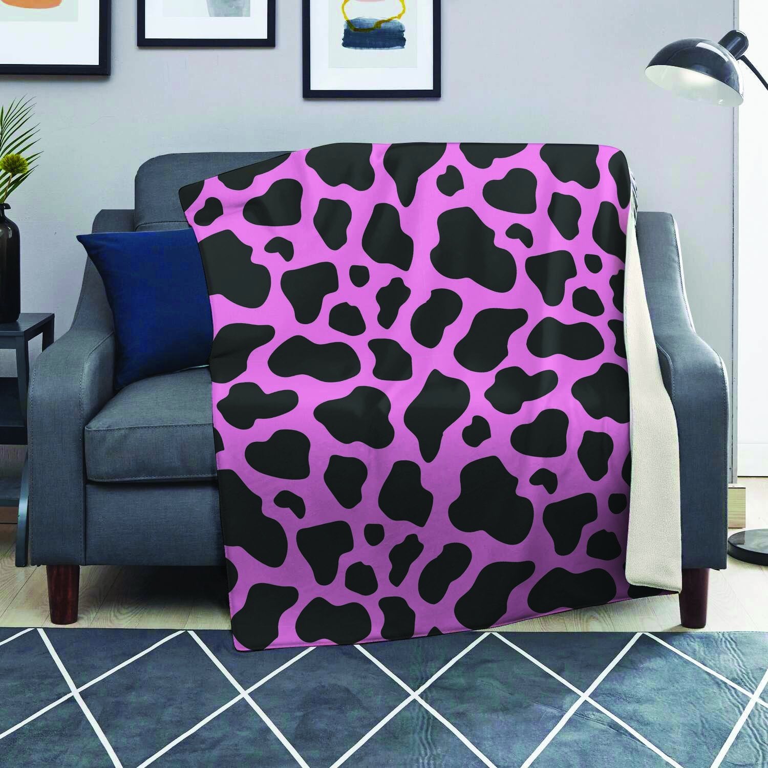 Pink Gray Cow Pattern Print Hooded Blanket