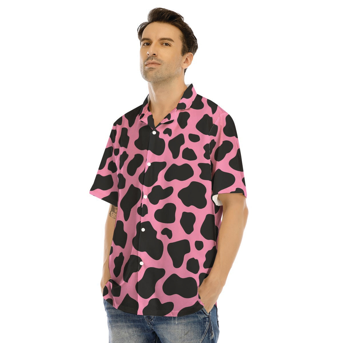 Black Pink Cow Print Men’s Hawaiian Shirt-grizzshop