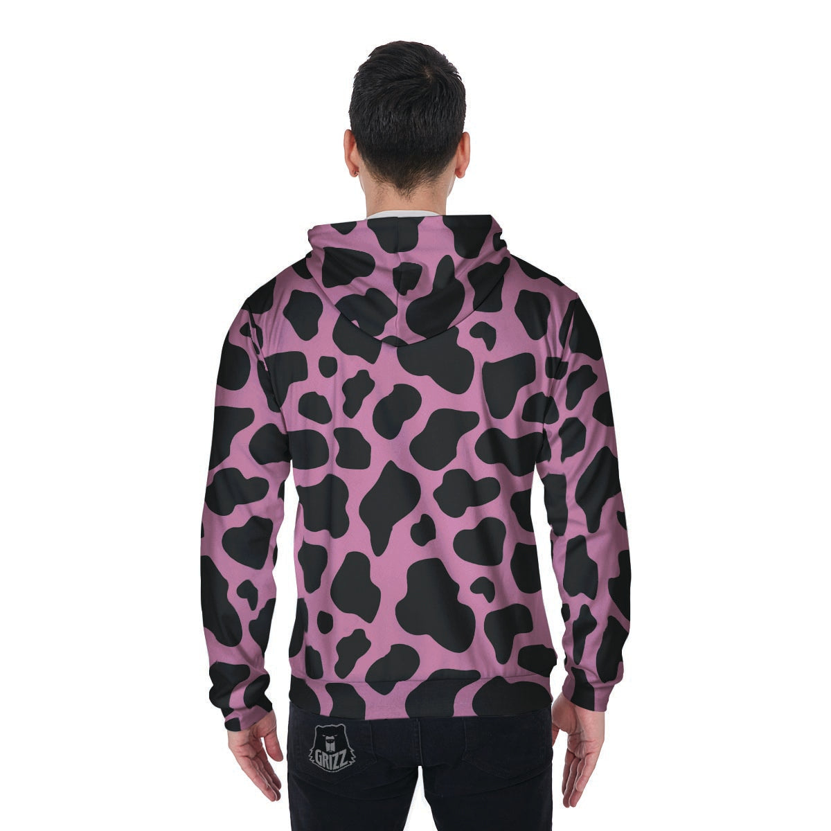 Black Pink Cow Print Men's Zip Up Hoodie-grizzshop