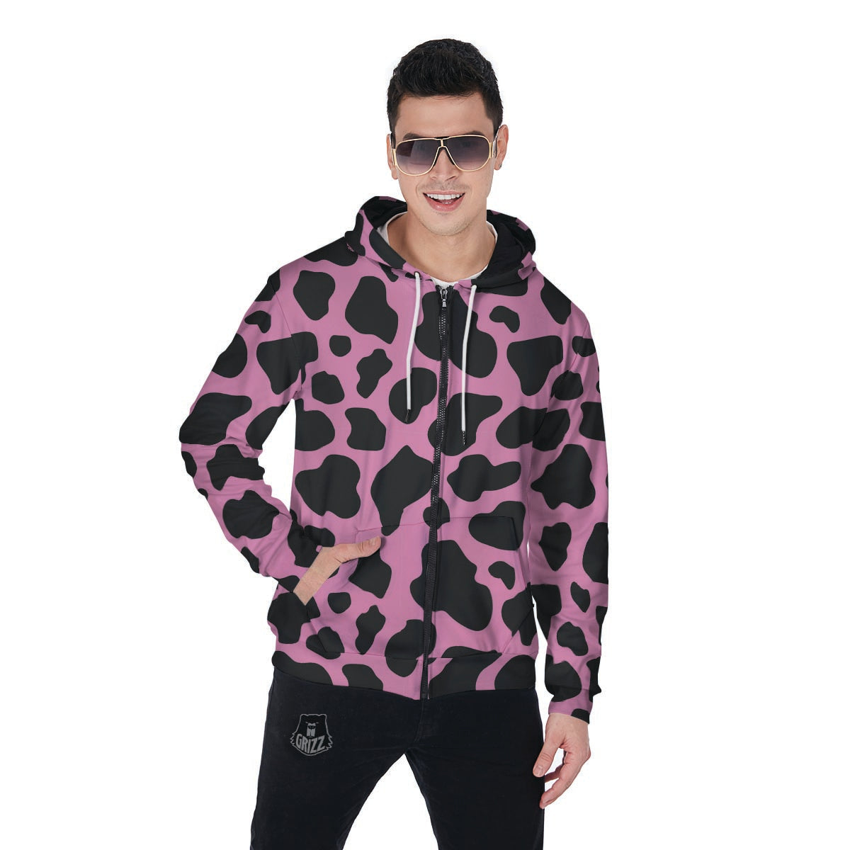 Black Pink Cow Print Men's Zip Up Hoodie-grizzshop