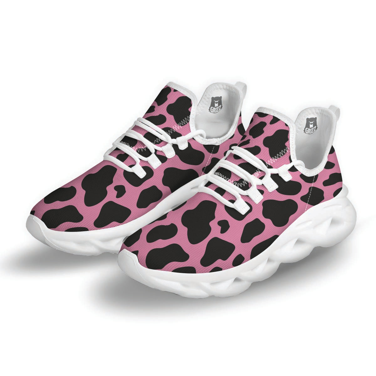 Black Pink Cow Print White Running Shoes-grizzshop