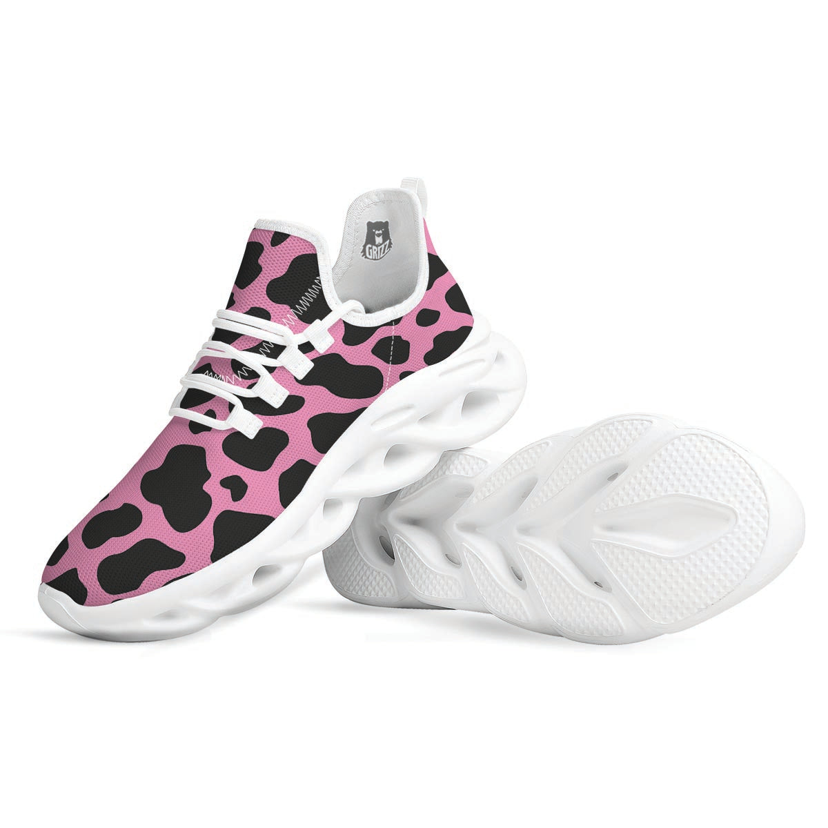 Black Pink Cow Print White Running Shoes-grizzshop