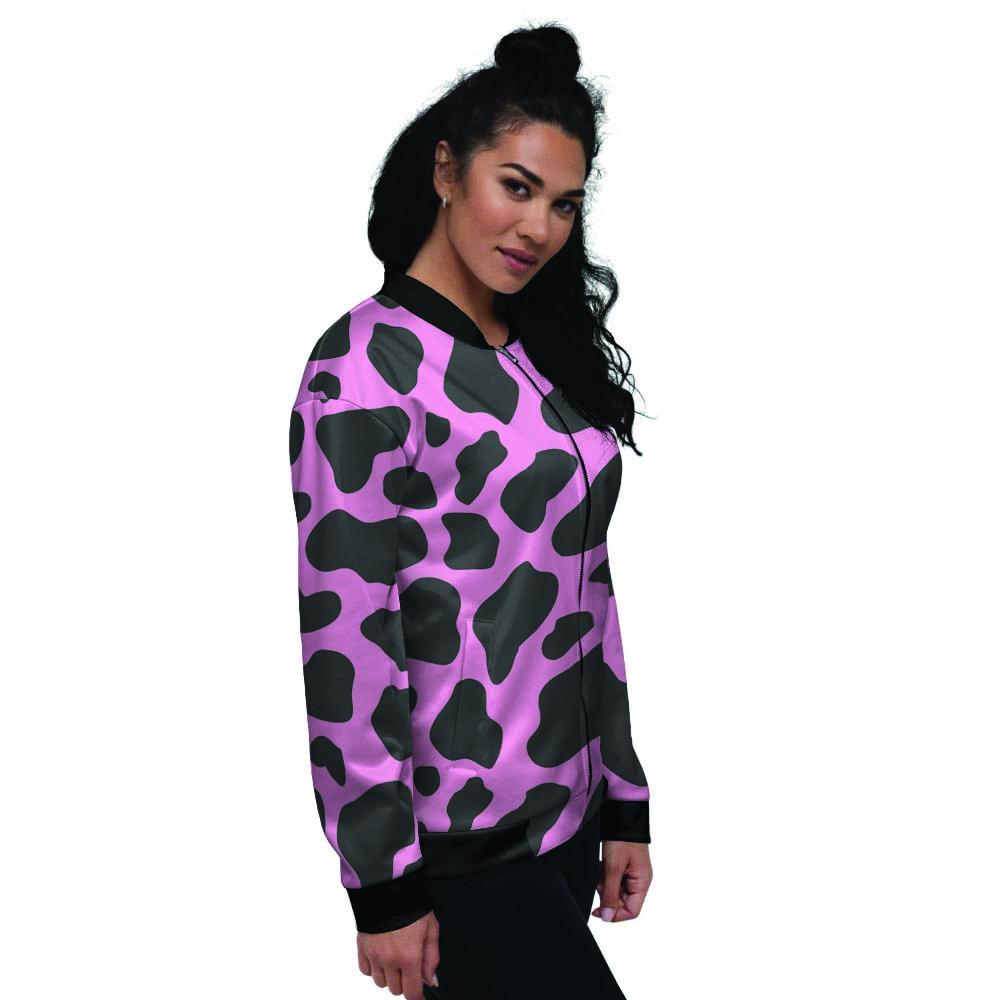 Black Pink Cow Print Women's Bomber Jacket-grizzshop