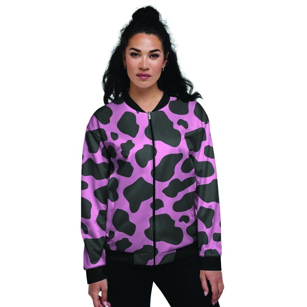 Black Pink Cow Print Women's Bomber Jacket-grizzshop