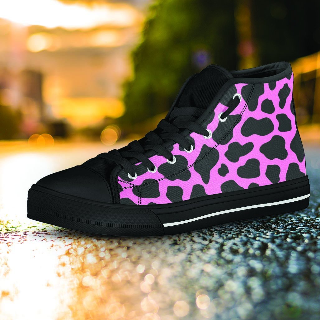 Black Pink Cow Print Women's High Top Shoes-grizzshop