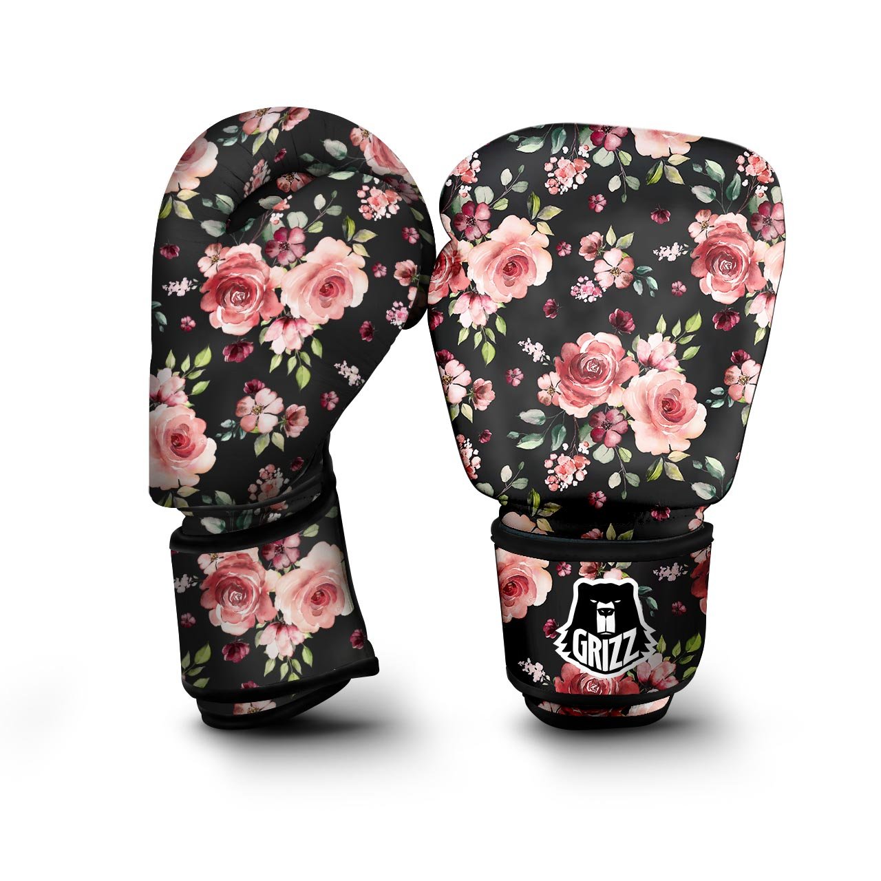 Black Pink Rose Flower Print Boxing Gloves-grizzshop