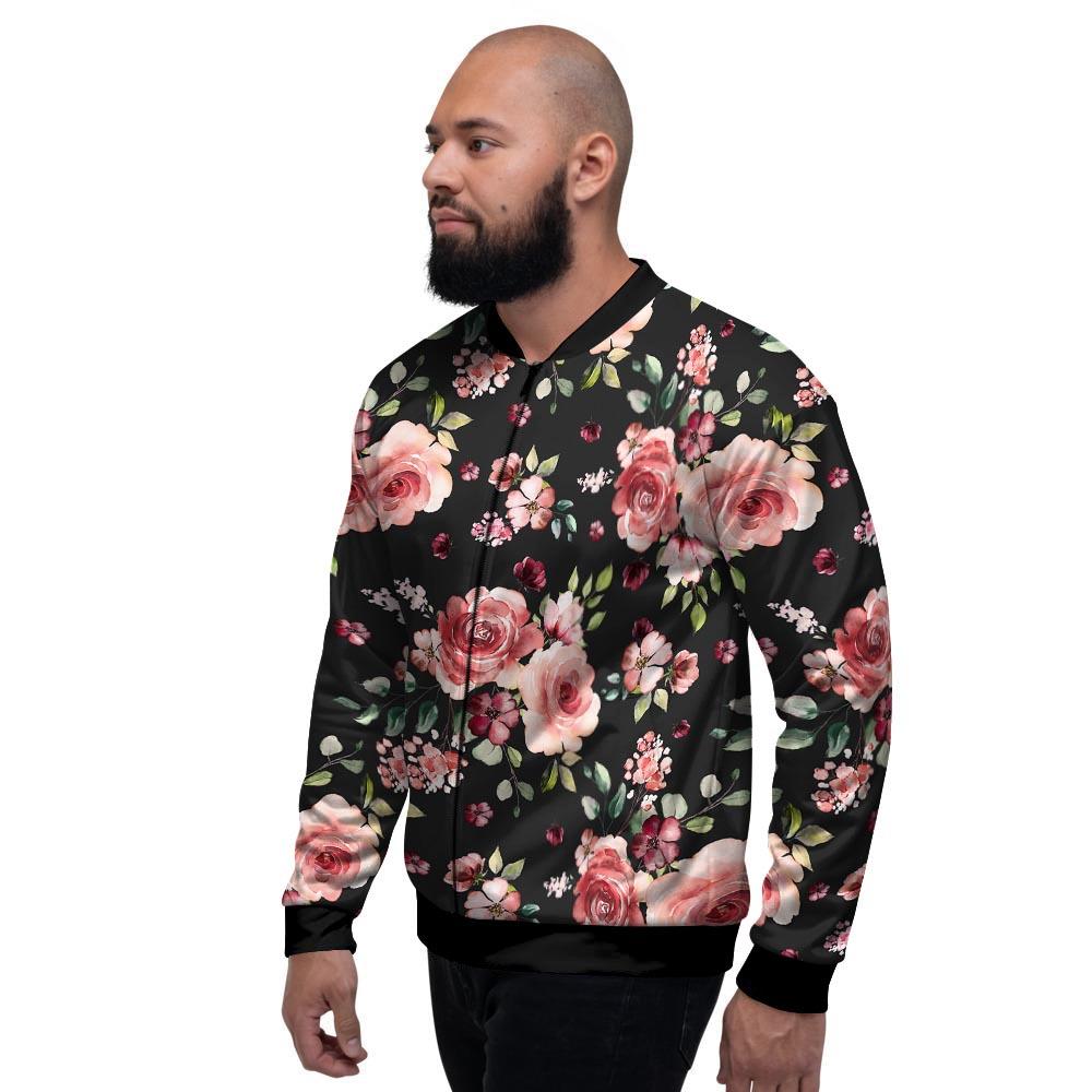 Black Pink Rose Flower Print Men's Bomber Jacket-grizzshop