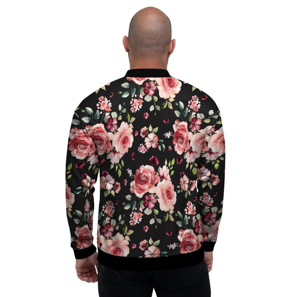 Black Pink Rose Flower Print Men's Bomber Jacket-grizzshop