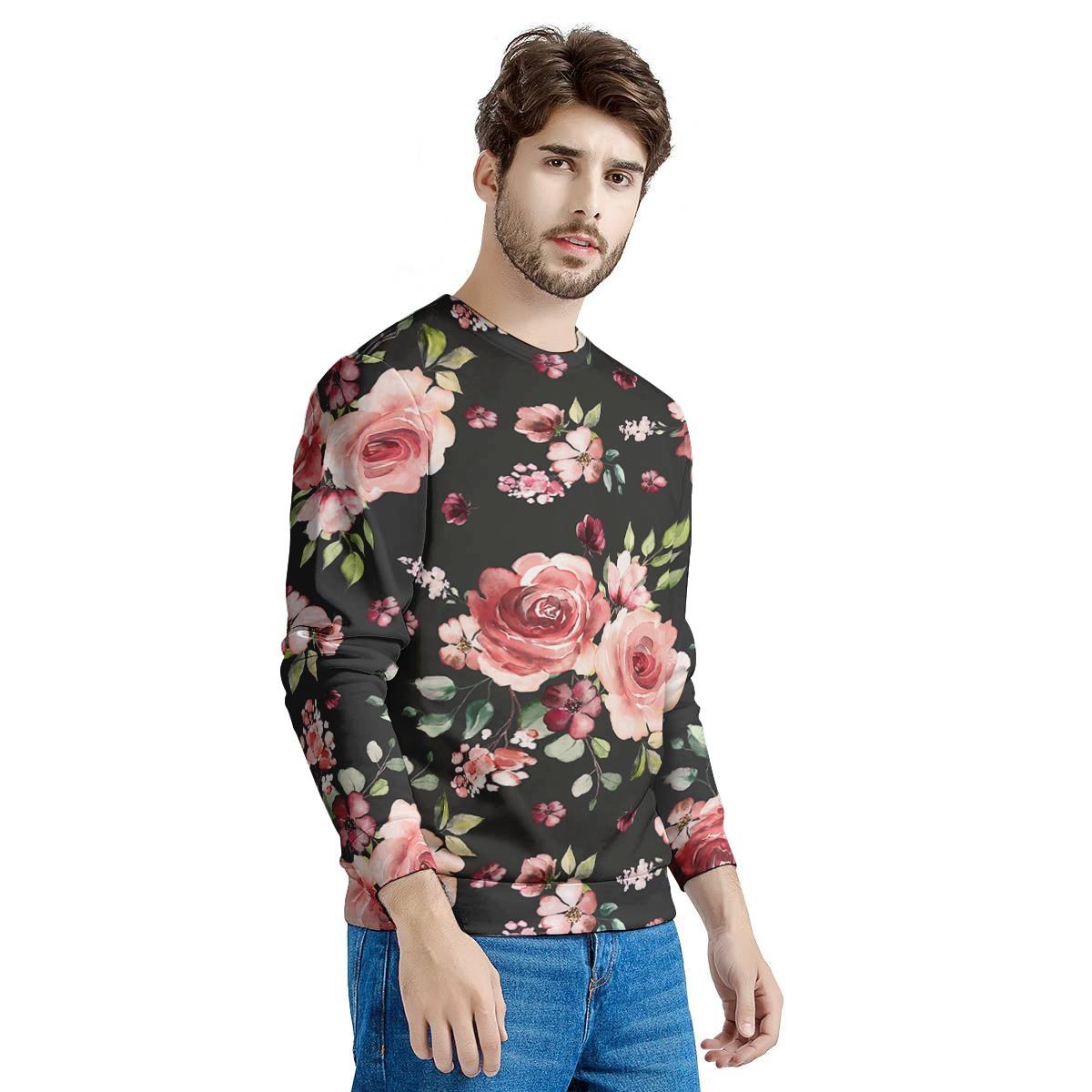 Black Pink Rose Flower Print Men's Sweatshirt-grizzshop