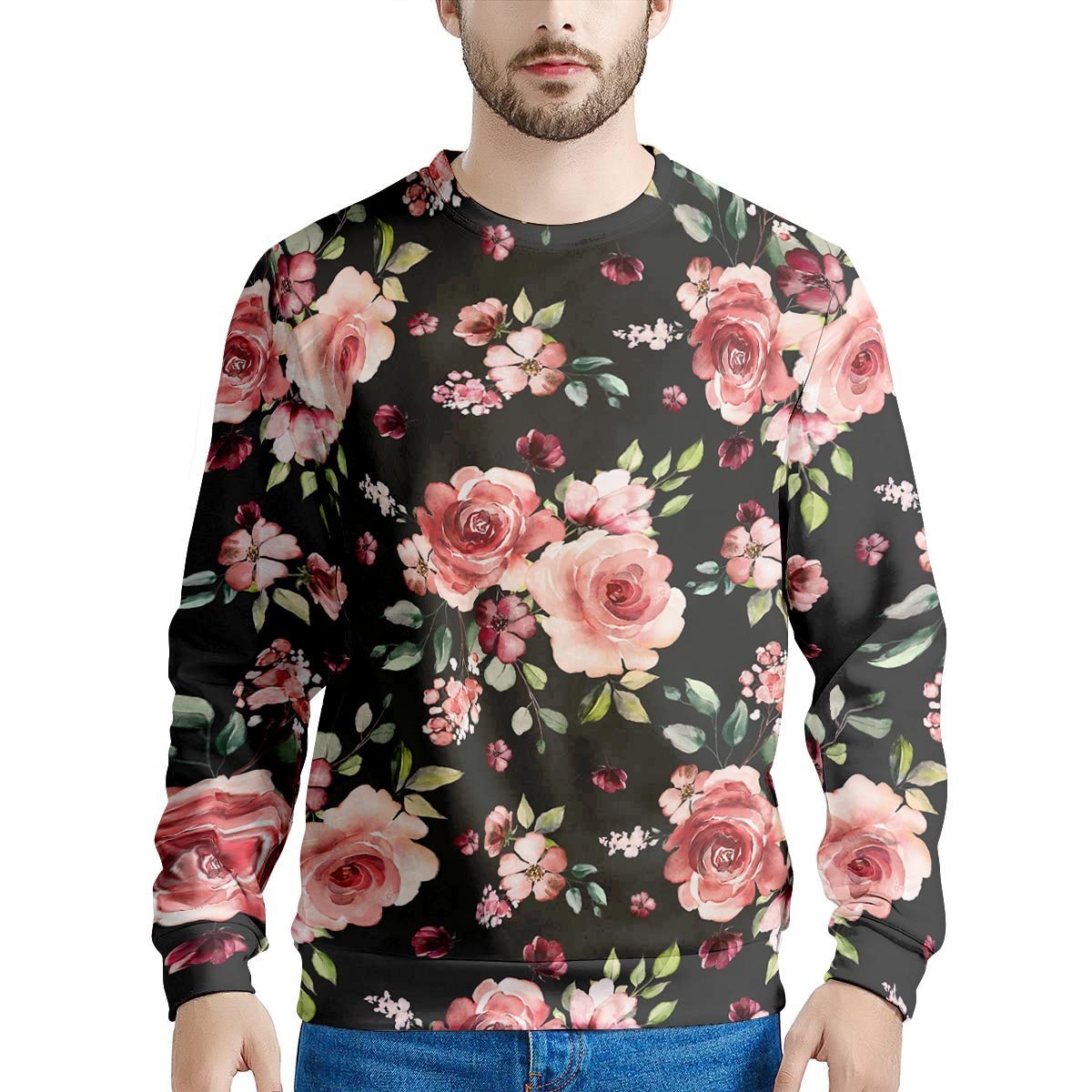 Black Pink Rose Flower Print Men's Sweatshirt-grizzshop