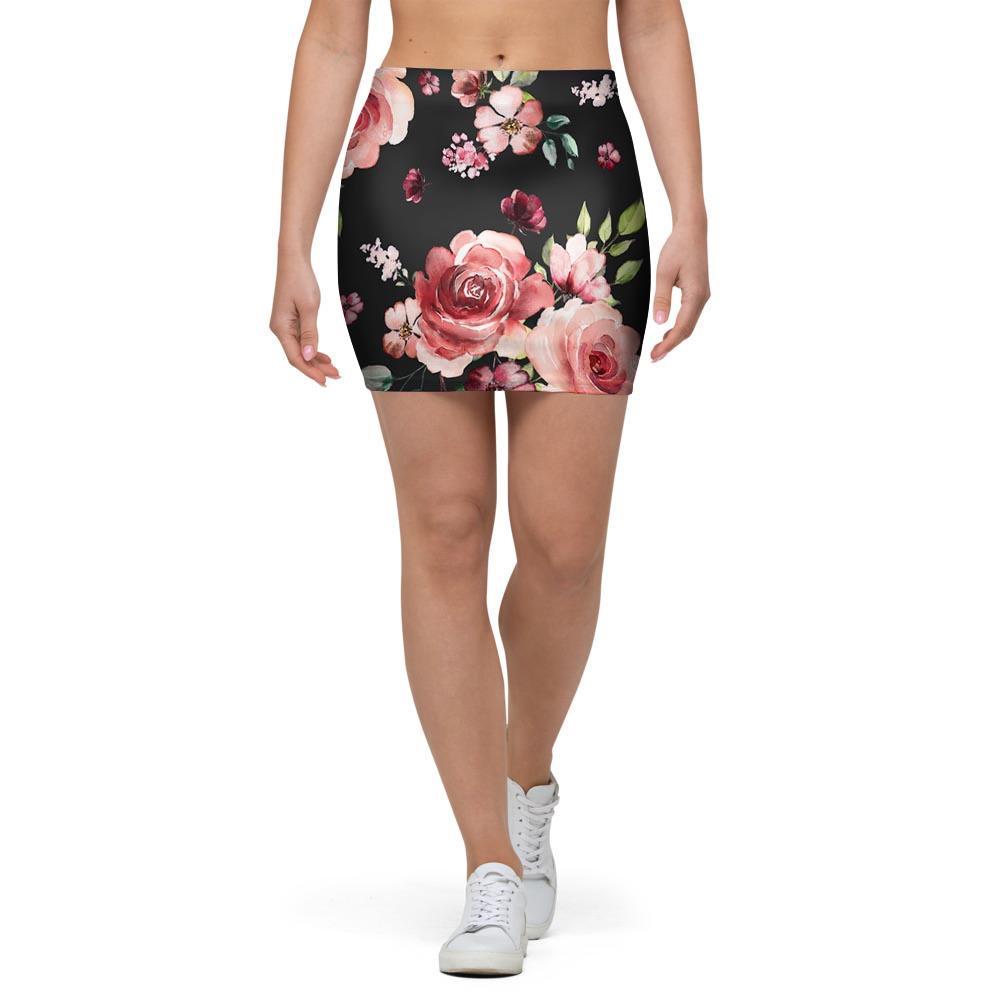 Black Pink Rose Flower Print Mini Skirt-grizzshop