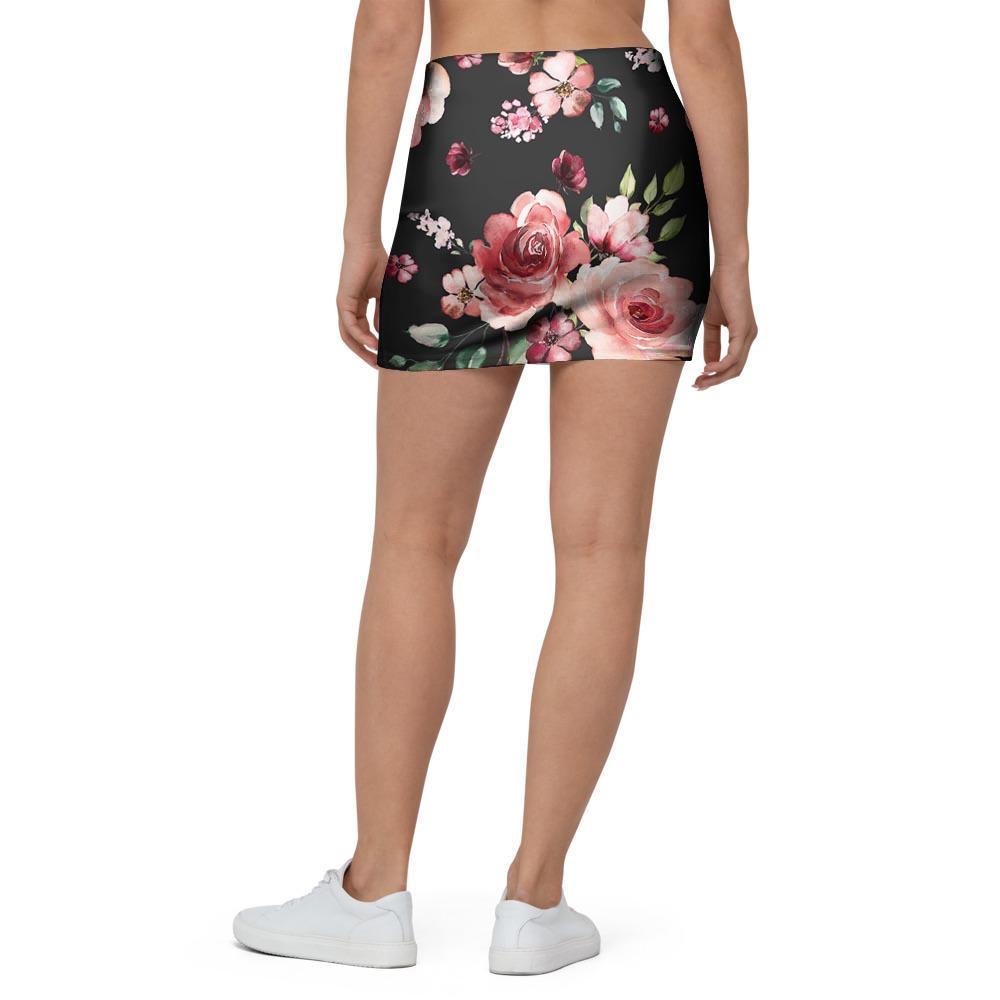 Black Pink Rose Flower Print Mini Skirt-grizzshop