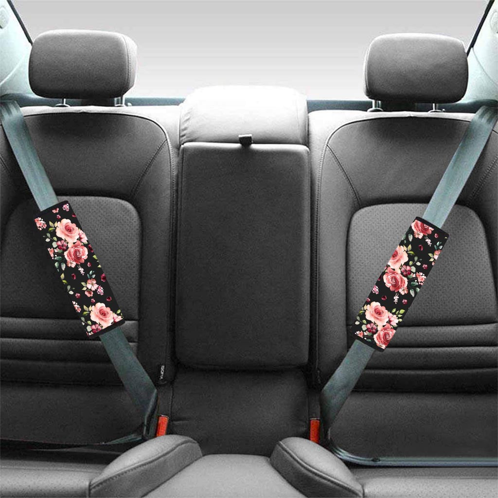 Black Pink Rose Flower Print Seat Belt Cover-grizzshop