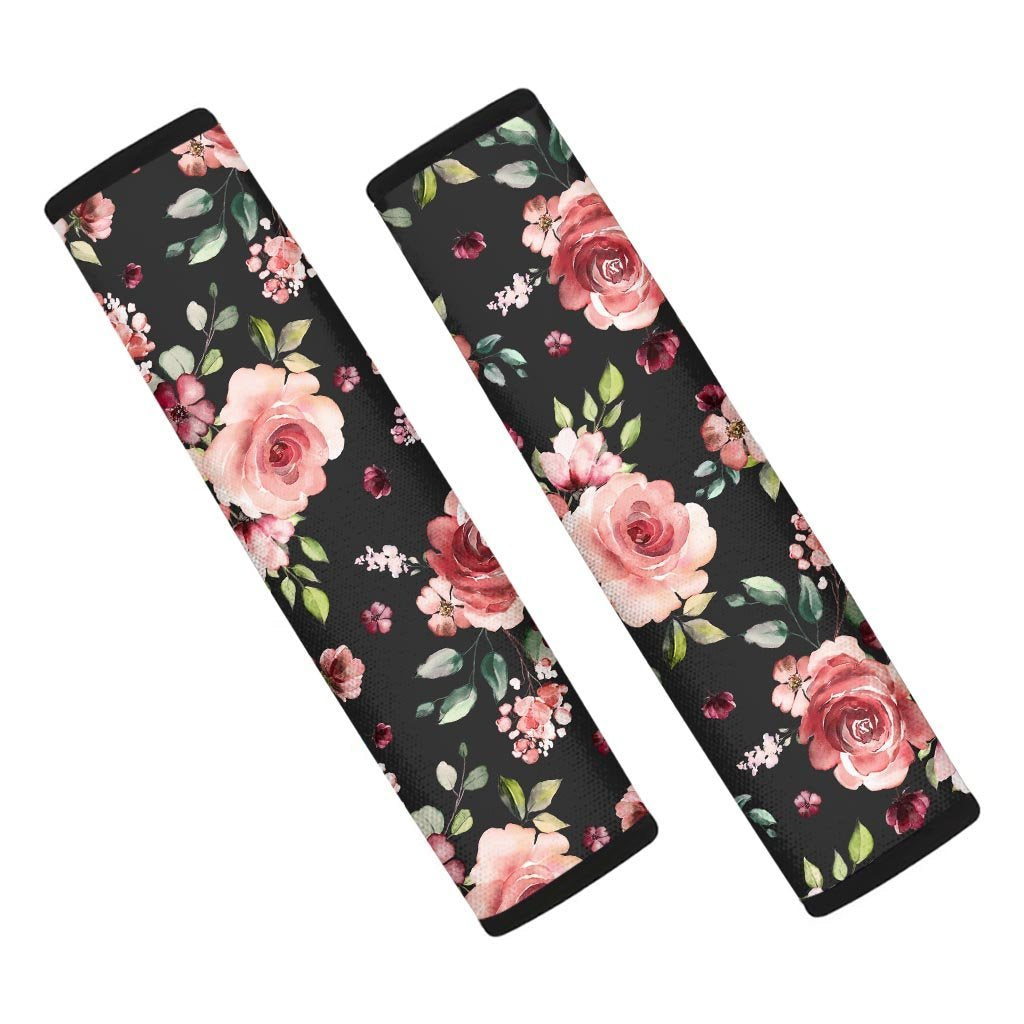 Black Pink Rose Flower Print Seat Belt Cover-grizzshop