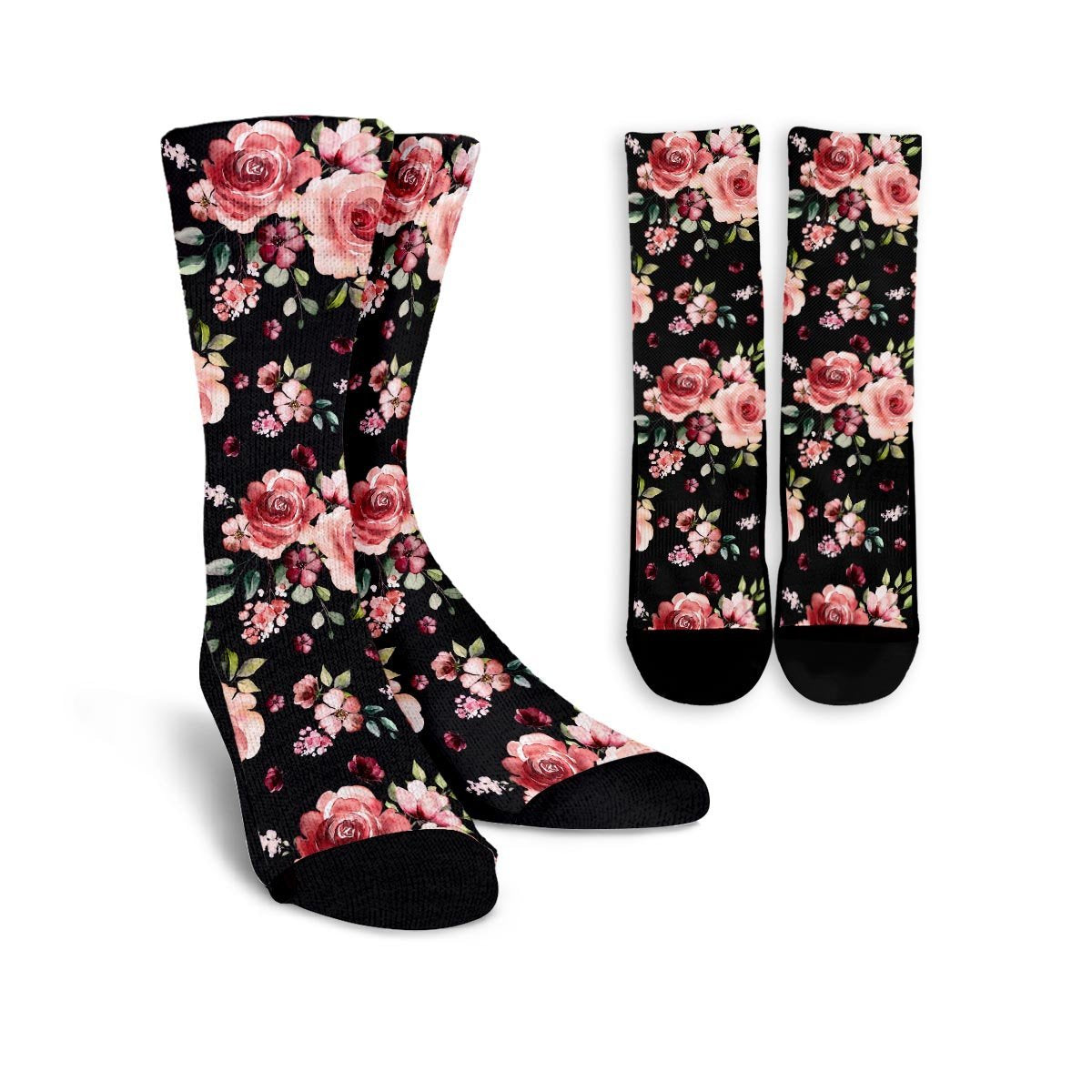 Black Pink Rose Flower Print Unisex Socks-grizzshop