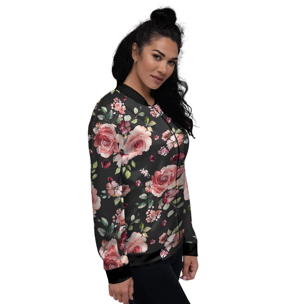 Black Pink Rose Flower Print Women's Bomber Jacket-grizzshop