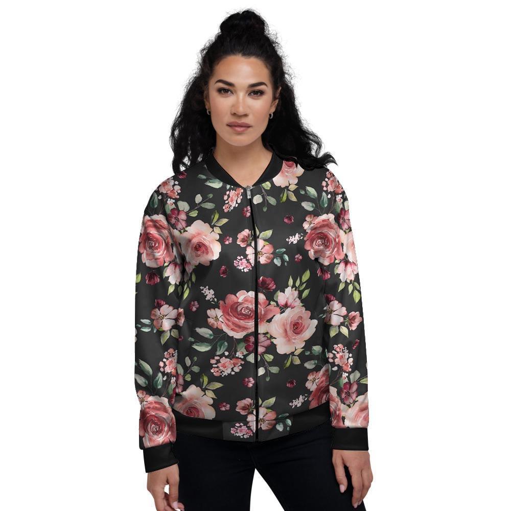Black Pink Rose Flower Print Women's Bomber Jacket-grizzshop