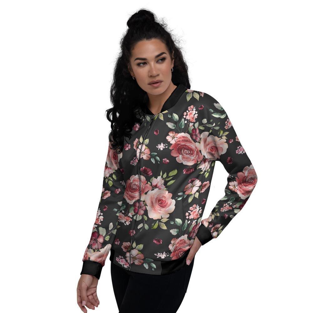 Black Pink Rose Flower Print Women's Bomber Jacket-grizzshop