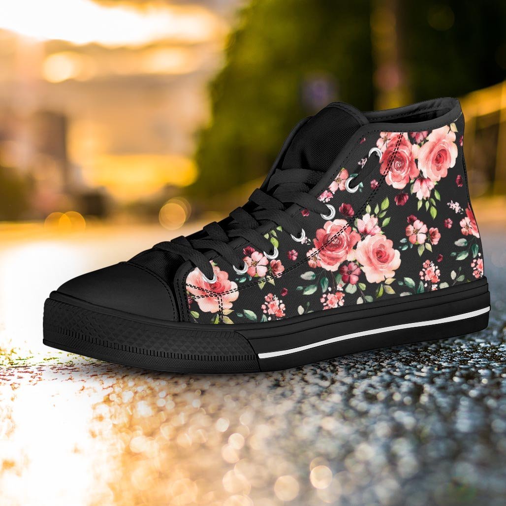 Black Pink Rose Flower Print Women's High Top Shoes-grizzshop