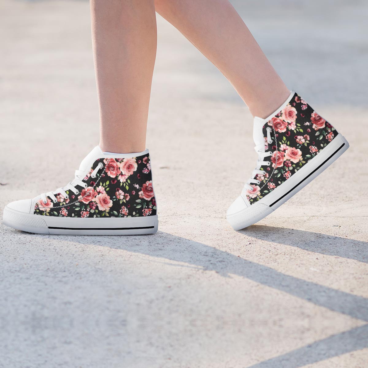 Black Pink Rose Flower Print Women's High Top Shoes-grizzshop