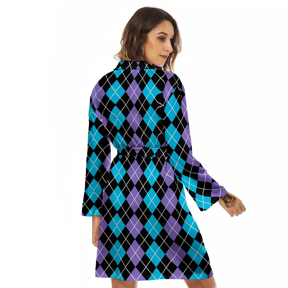 Black Purple And Blue Argyle Print Pattern Women's Robe-grizzshop