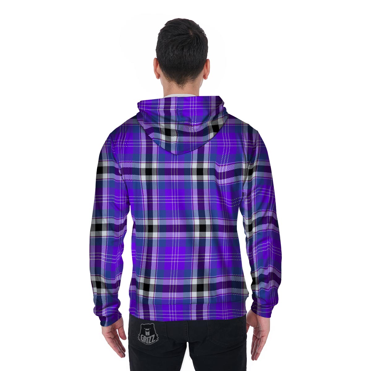 Black Purple Plaid Tartan Men's Zip Up Hoodie-grizzshop