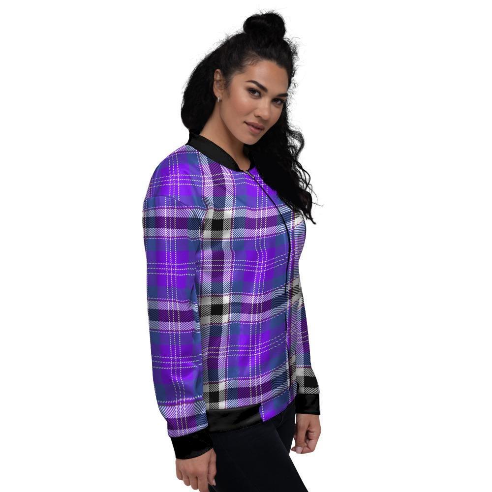 Black Purple Plaid Tartan Women's Bomber Jacket-grizzshop