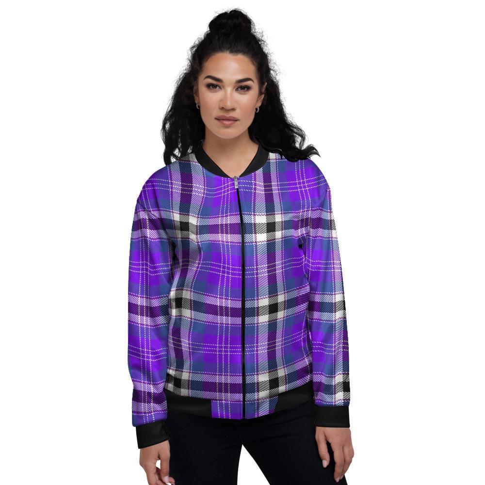Black Purple Plaid Tartan Women's Bomber Jacket-grizzshop