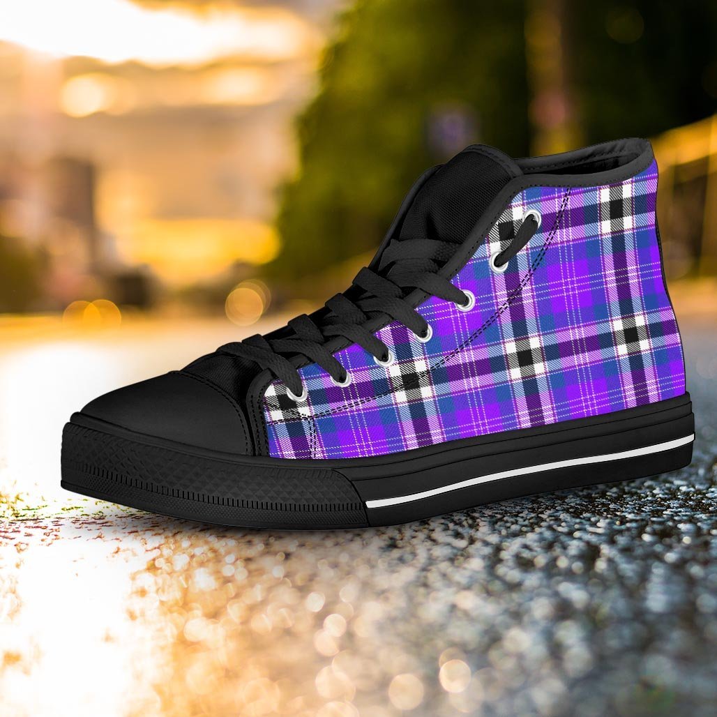 Black Purple Plaid Tartan Women's High Top Shoes-grizzshop