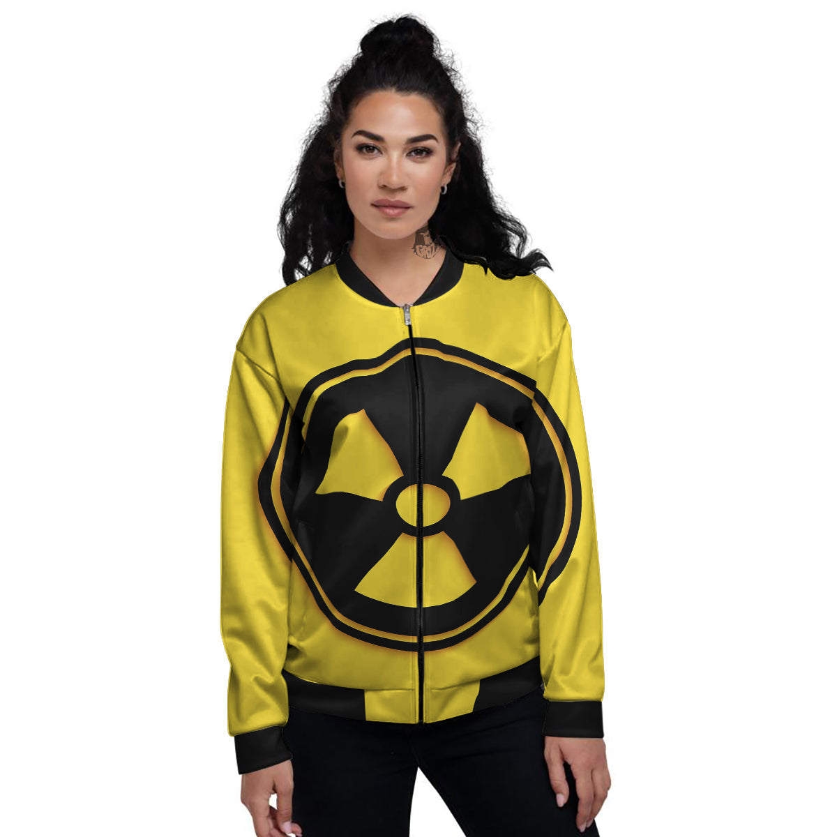 Black Radioactive On Yellow Print Women's Bomber Jacket-grizzshop