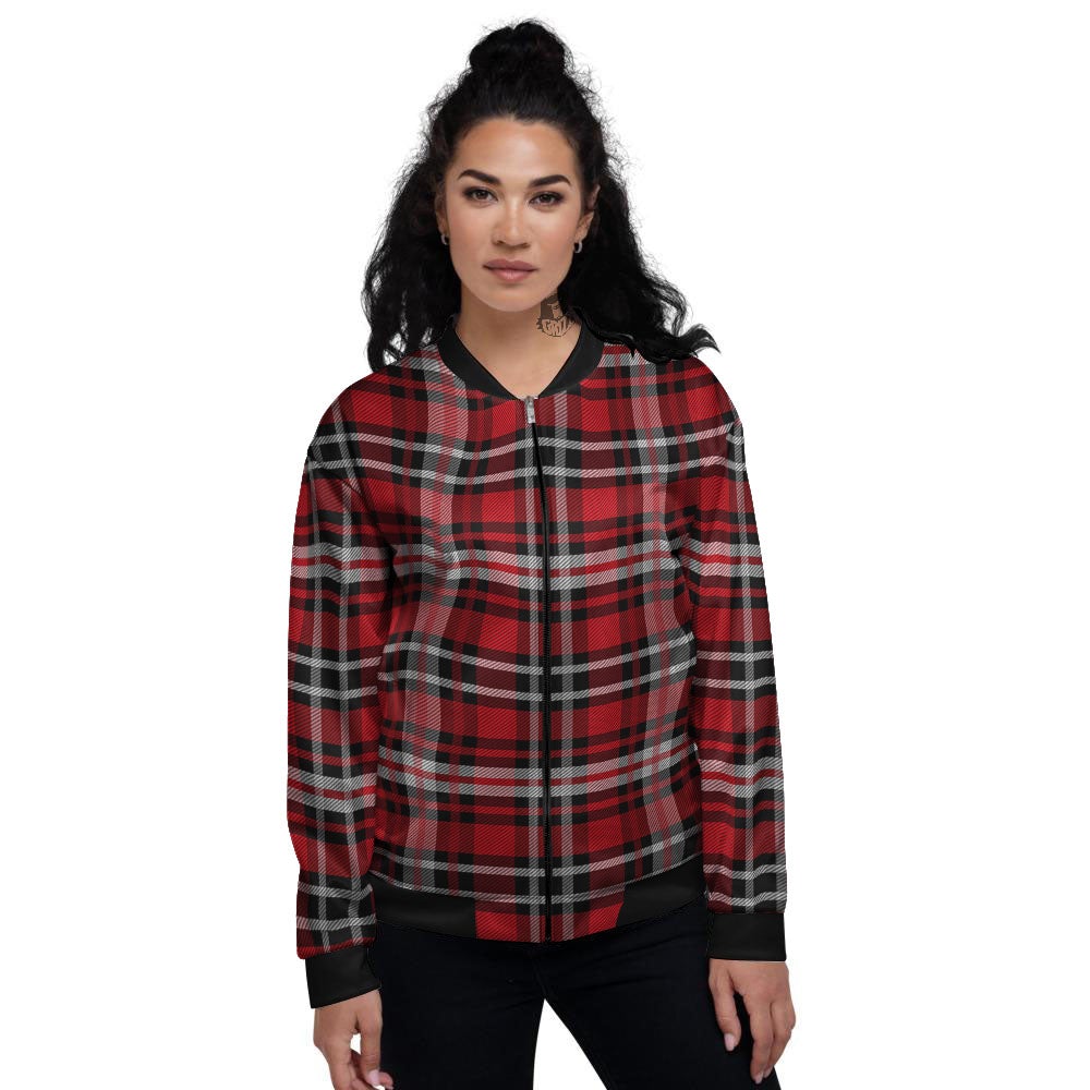 Black Red And White Tartan Print Pattern Women's Bomber Jacket-grizzshop