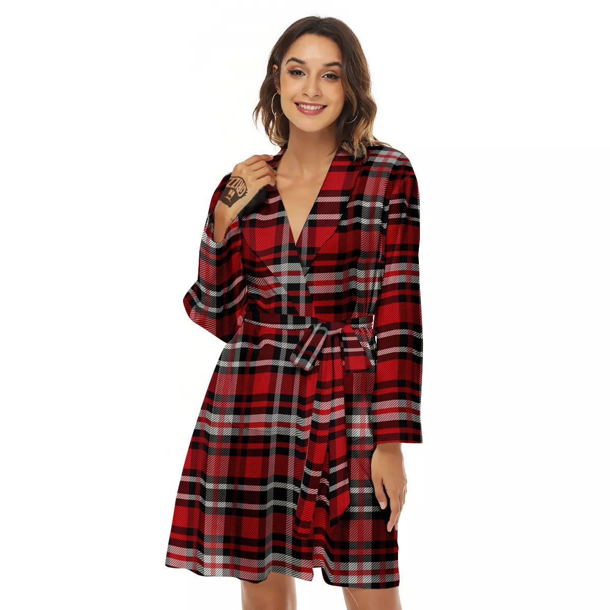Black Red And White Tartan Print Pattern Women's Robe-grizzshop