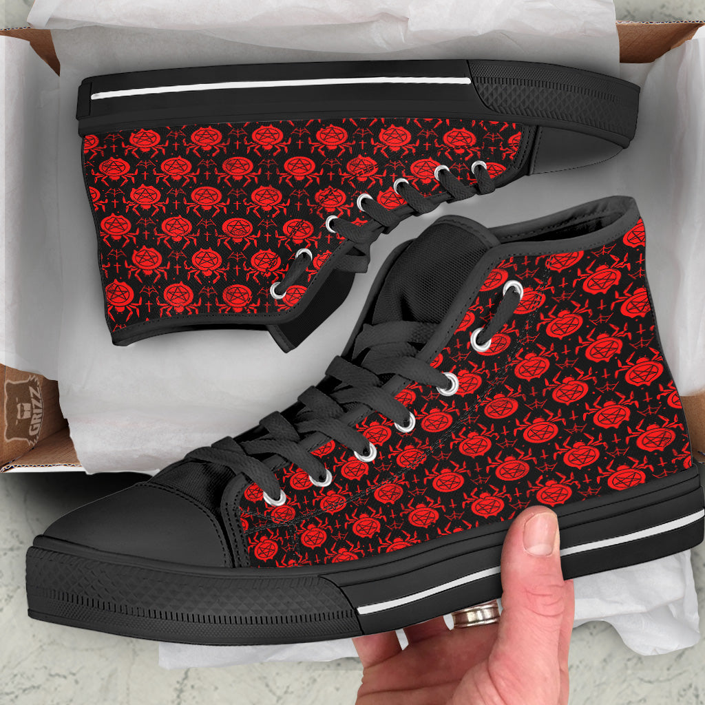 Black Red Spider Pentagram Print Pattern Black High Top Shoes-grizzshop