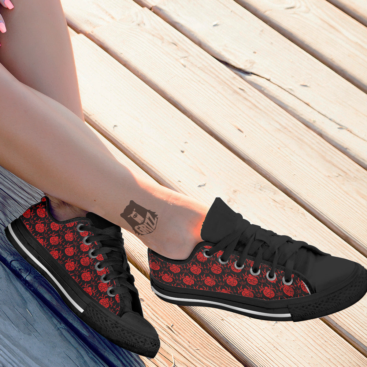 Black Red Spider Pentagram Print Pattern Black Low Top Shoes-grizzshop