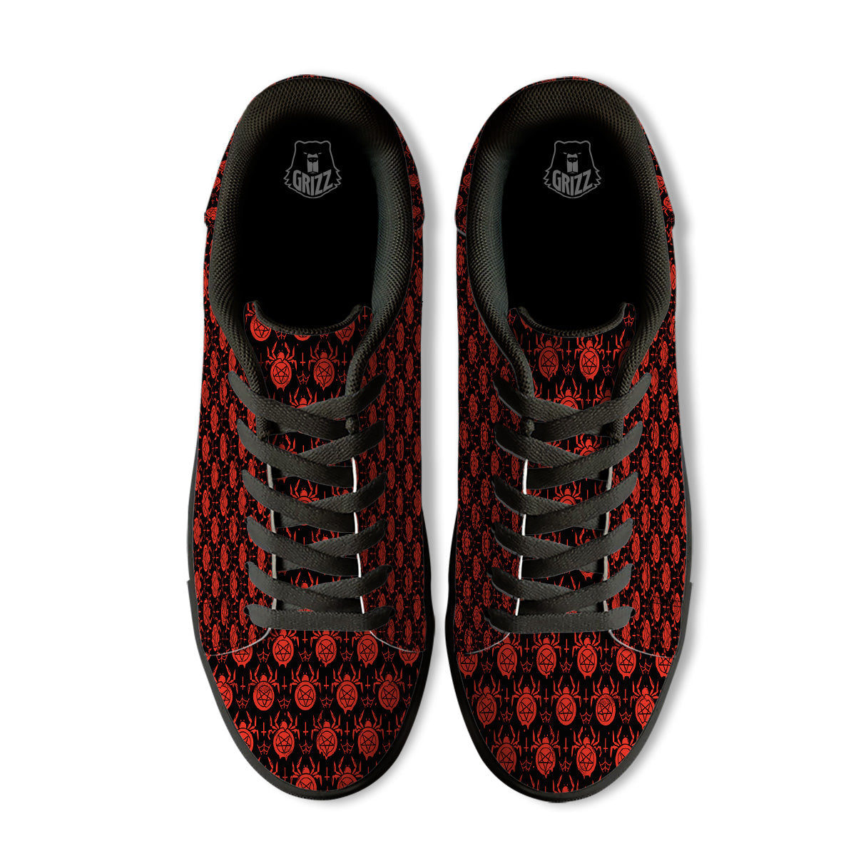 Black Red Spider Pentagram Print Pattern Black Low Top Sneakers-grizzshop